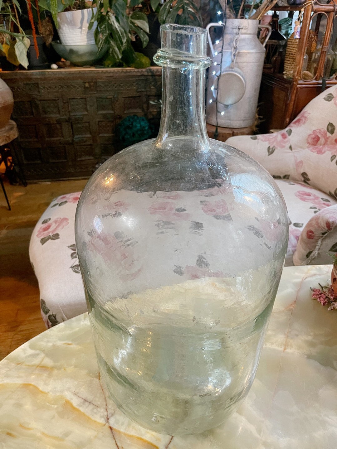 XL Dame Jeanne forme cylindrique transparent 24L, french ancien demijohn, verre souffle, saber neck, decoration 1950s, vintage terrarium