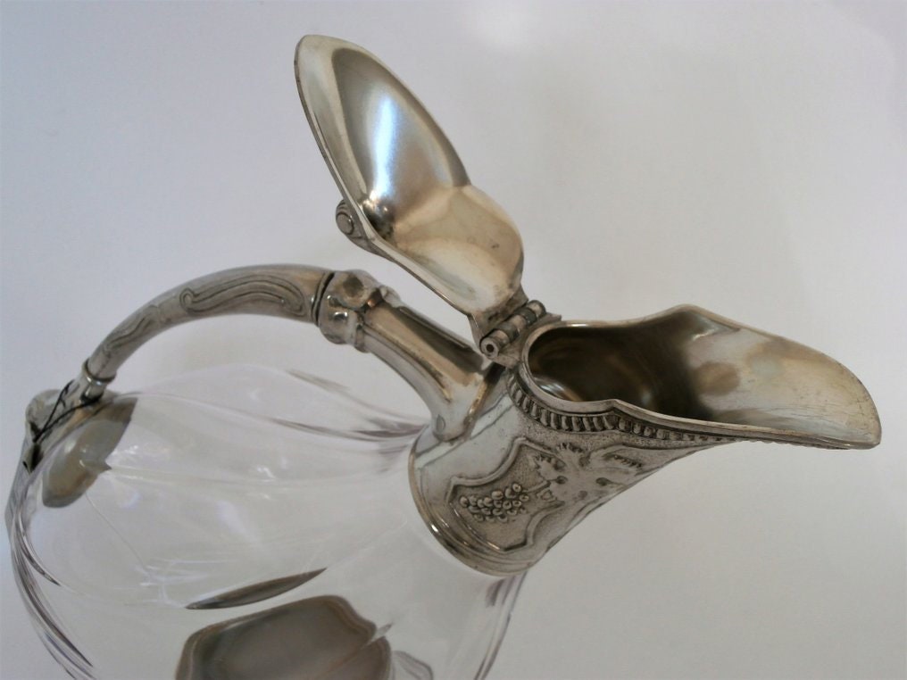 Vintage cristal and silver metal duck decanter, Vintage art deco,Vintage French table silverware since 1900