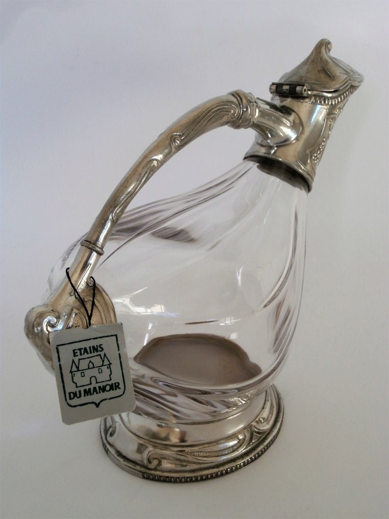Vintage cristal and silver metal duck decanter, Vintage art deco,Vintage French table silverware since 1900