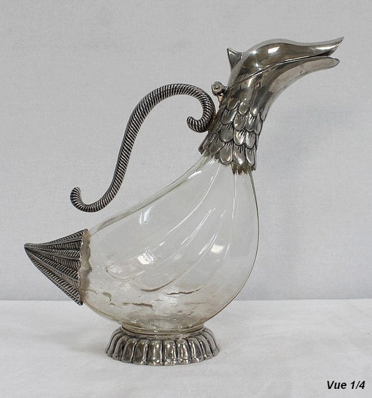 Vintage cristal and silver metal duck decanter, Vintage art deco,Vintage French table silverware brand Silea since 1900