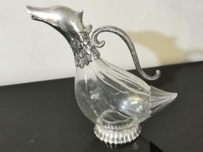 Vintage cristal and silver metal duck decanter, Vintage art deco,Vintage French table silverware Silea stamped, since 1900