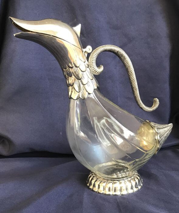 Vintage cristal and silver metal duck decanter, Vintage art deco,Vintage French table silverware Silea stamped, since 1900