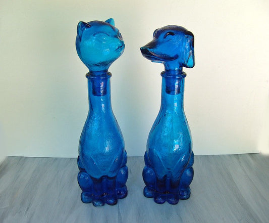 Rare Vintage Cat & Dog 14 inch tall Blue ocean Empoli decanter, Vintage art deco,Vintage empoli Made in Italy since 1960s