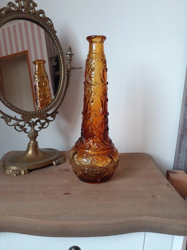 Ancien Rossini Empoli Italy Amber - Art Glass Decanter Genie Bottle 1960s