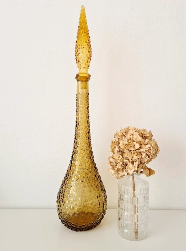 Ancien Rossini Empoli Italy Amber diamond Pattern Art Glass Decanter Genie Bottle 1960s