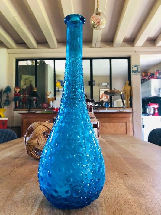 Ancien Rossini Genie Bottle Decanter In Empoli Teal blue Glass With Hobnail Pattern since 1960s