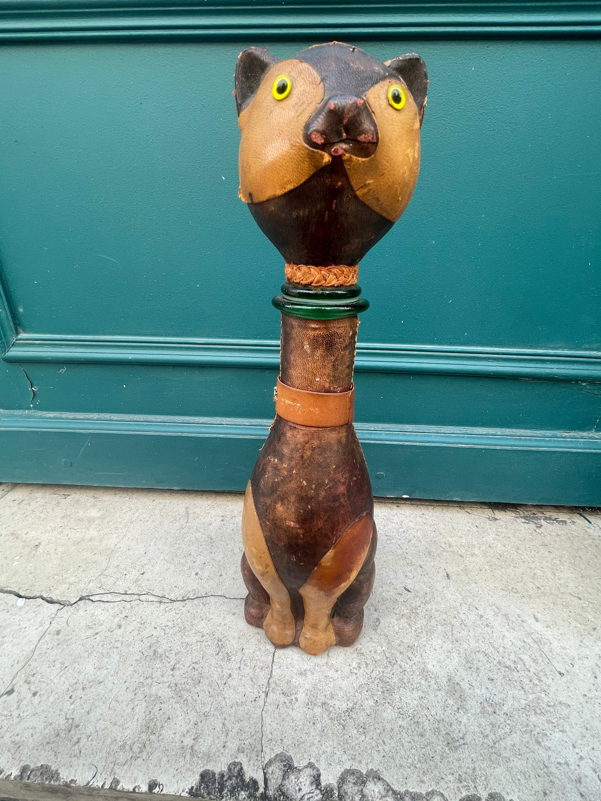 Rare Vintage Cat 14 inch tall Empoli decanter leather green color - Vintage art deco,Vintage empoli Made in Italy since 1960s