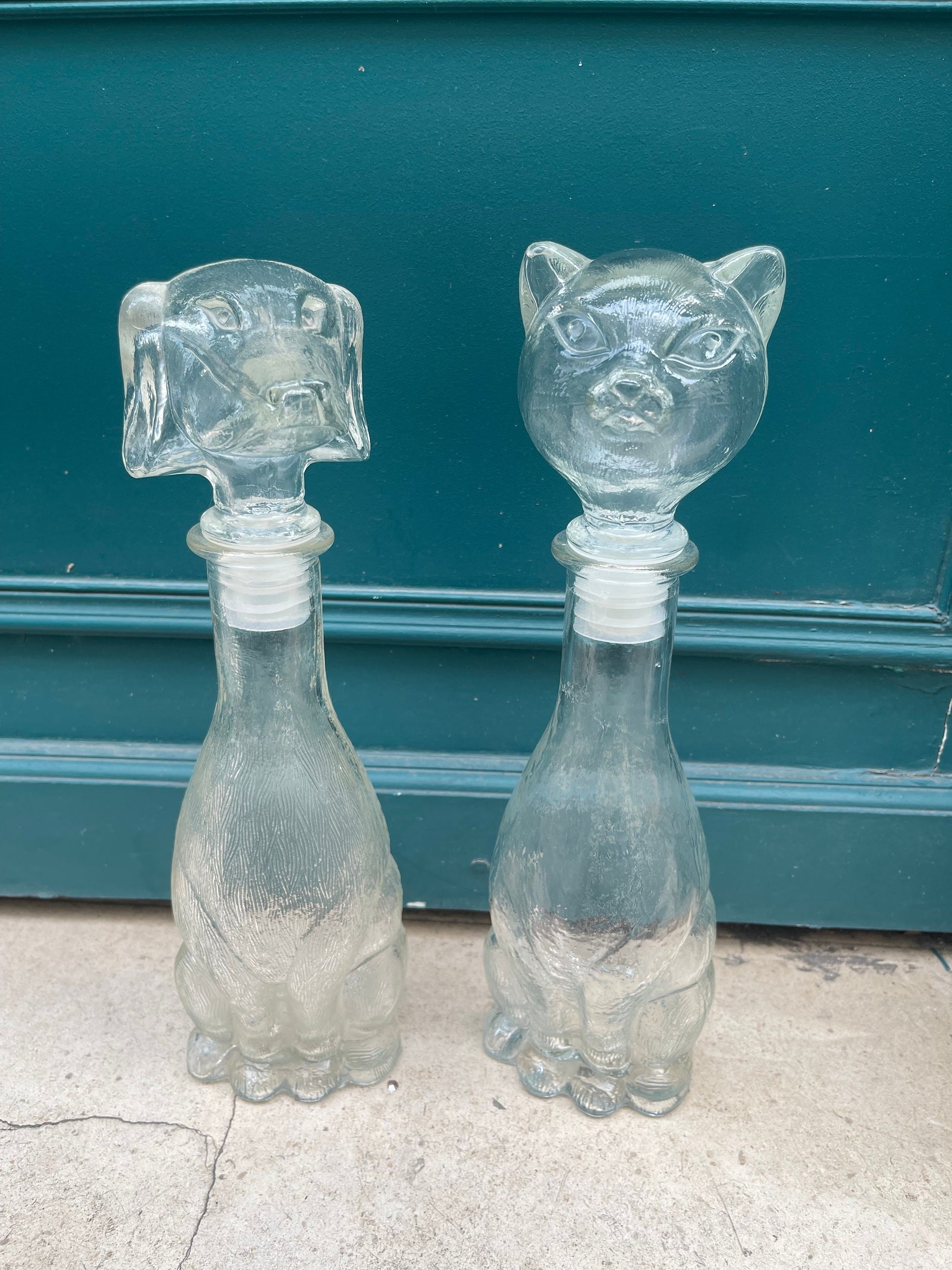 Rare Vintage Cat & Dog 14 inch tall transparent Empoli decanter, Vintage art deco,Vintage empoli Made in Italy since 1960s