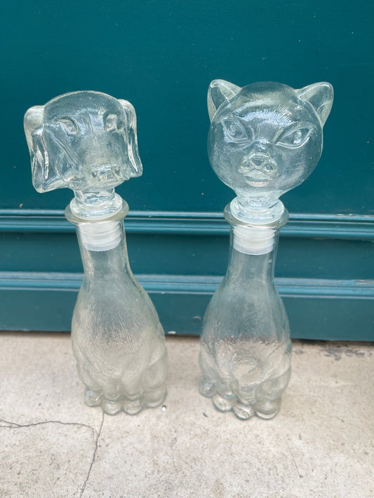 Rare Vintage Cat & Dog 14 inch tall transparent Empoli decanter, Vintage art deco,Vintage empoli Made in Italy since 1960s