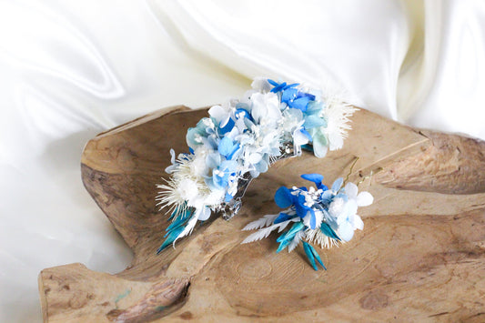 OCEANA Wedding Hair Barrette for Bridal and Groom, Barrette à Cheveux de Mariee en Blanc et Bleu Couleur