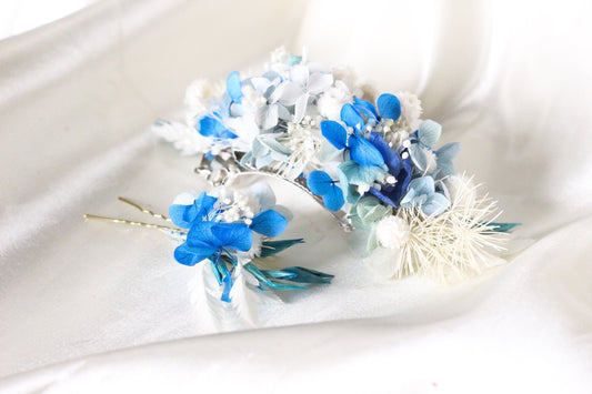Sky blue hair pin and barette dried flower, blue preserved hydrangea bridal accessories, wedding DYI