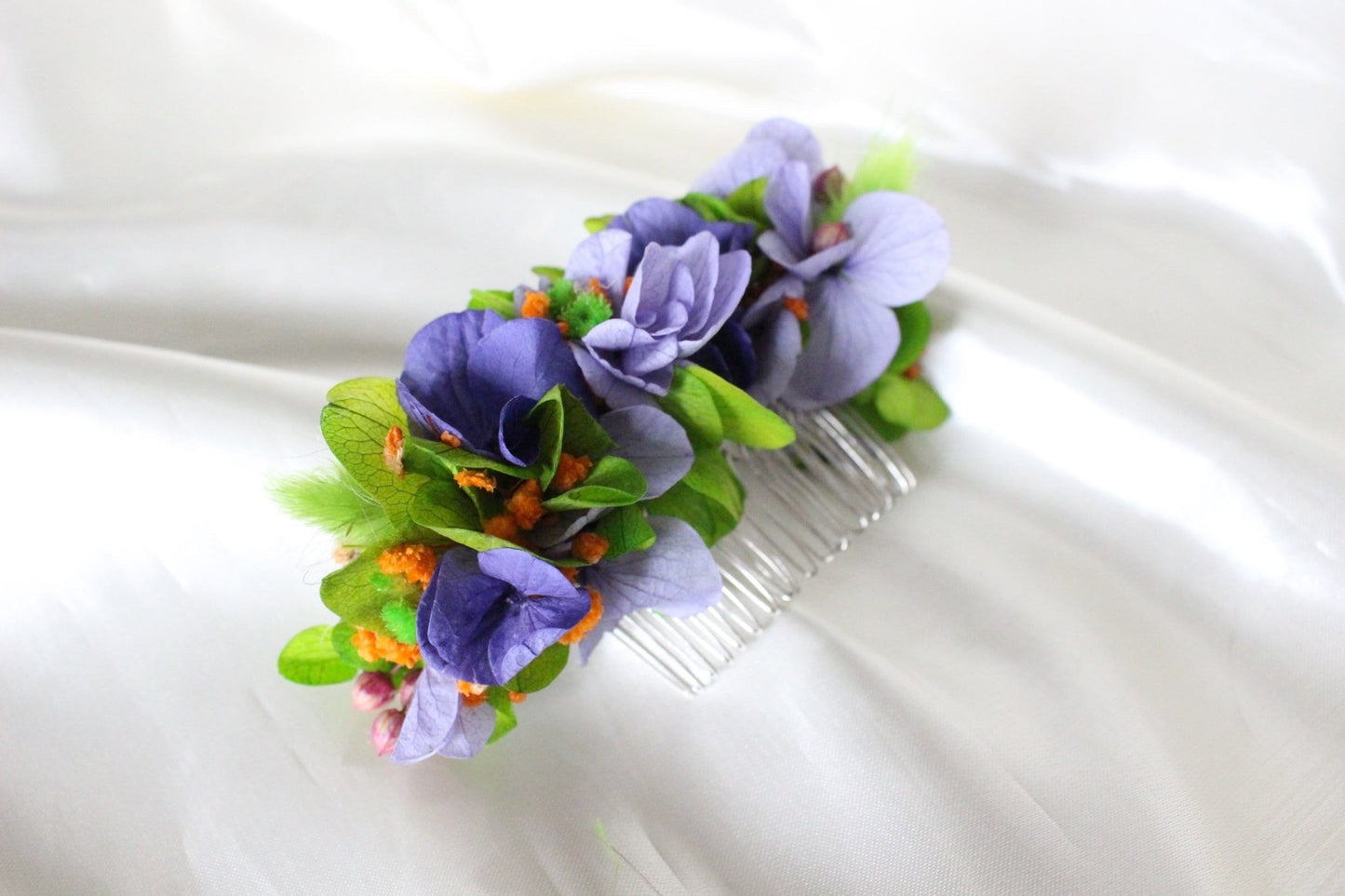 LILAC hair comb preserved hortensia lavender color mix green neon , bridal accessories, wedding accessories DYI