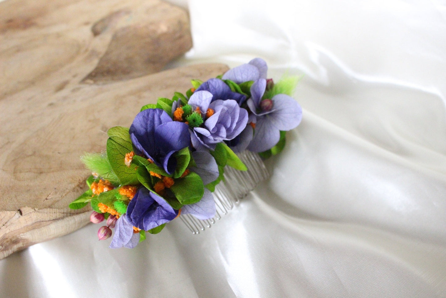 LILAC hair comb preserved hortensia lavender color mix green neon , bridal accessories, wedding accessories DYI