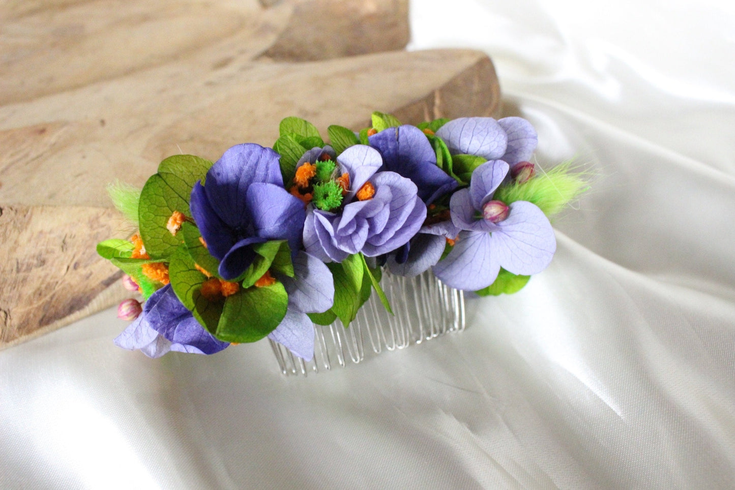 LILAC hair comb preserved hortensia lavender color mix green neon , bridal accessories, wedding accessories DYI