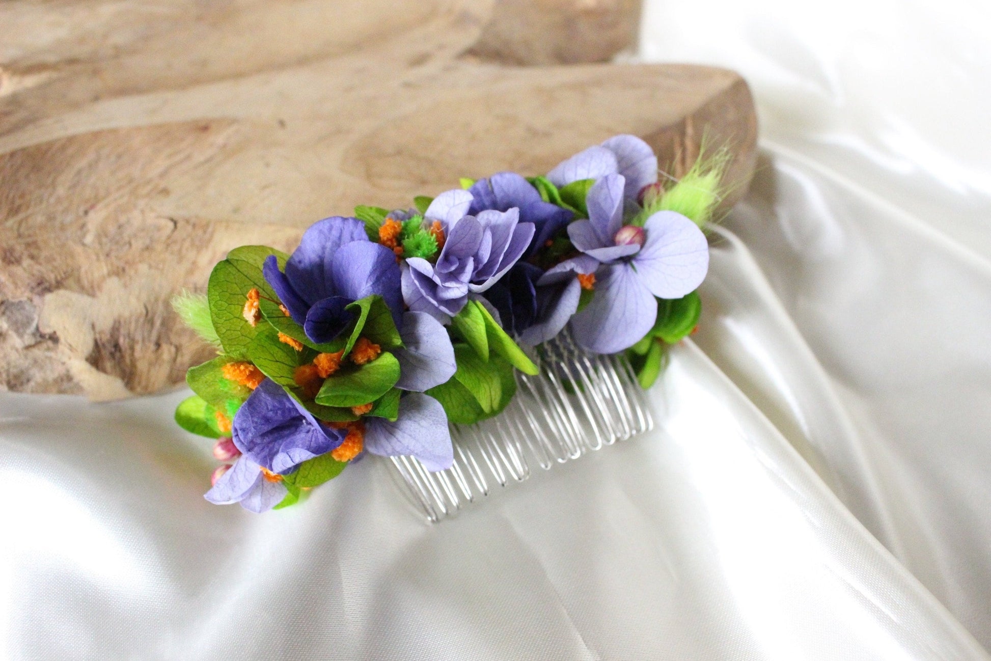 LILAC hair comb preserved hortensia lavender color mix green neon , bridal accessories, wedding accessories DYI