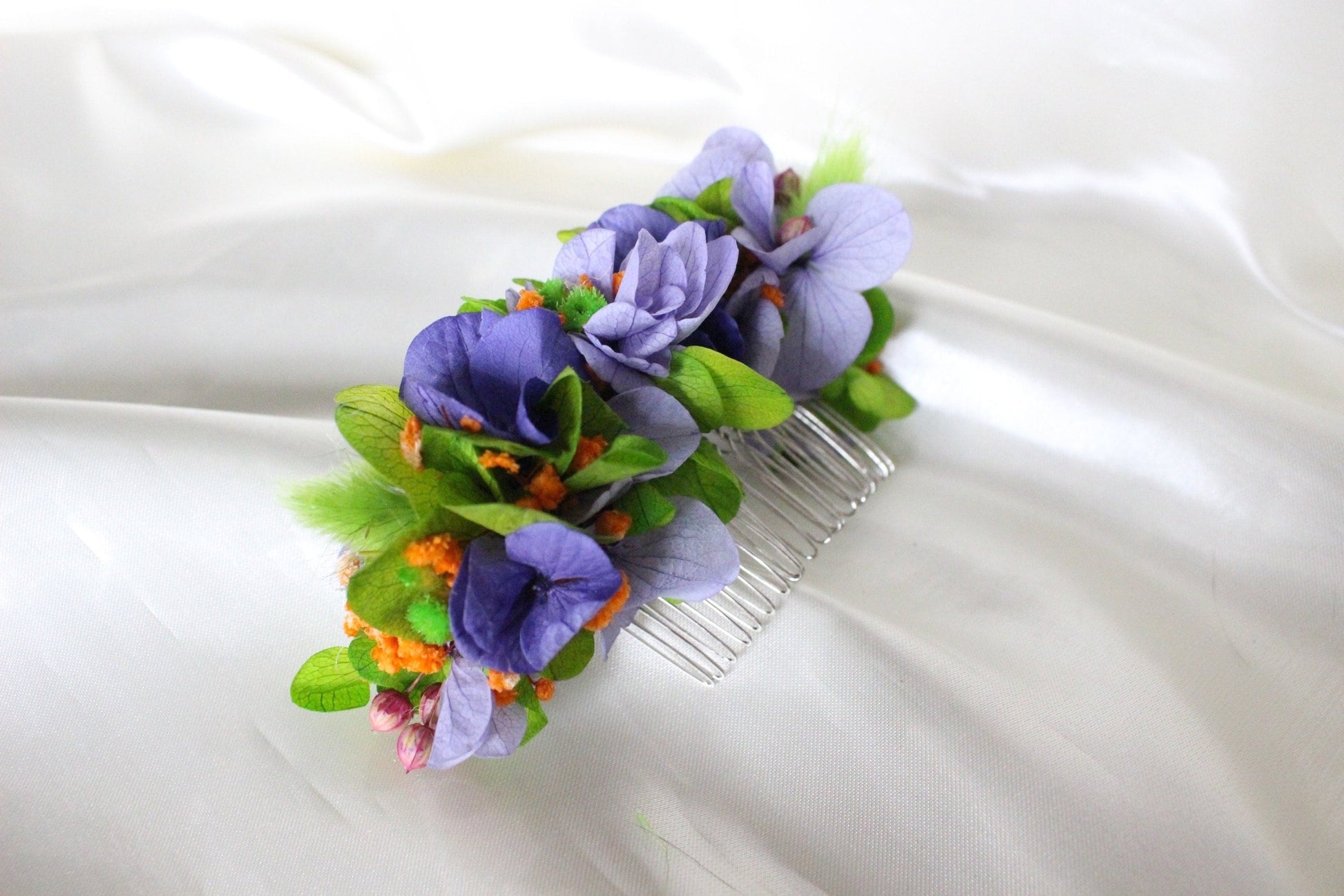 LILAC hair comb preserved hortensia lavender color mix green neon , bridal accessories, wedding accessories DYI