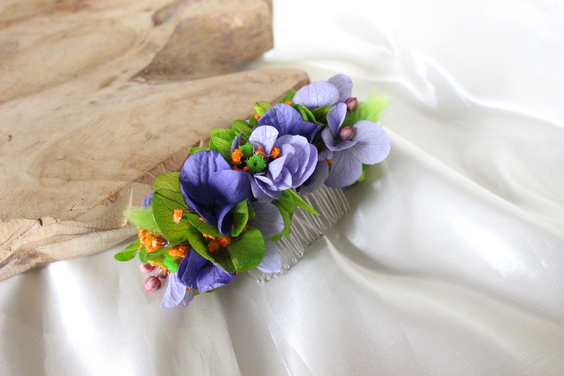 LILAC hair comb preserved hortensia lavender color mix green neon , bridal accessories, wedding accessories DYI