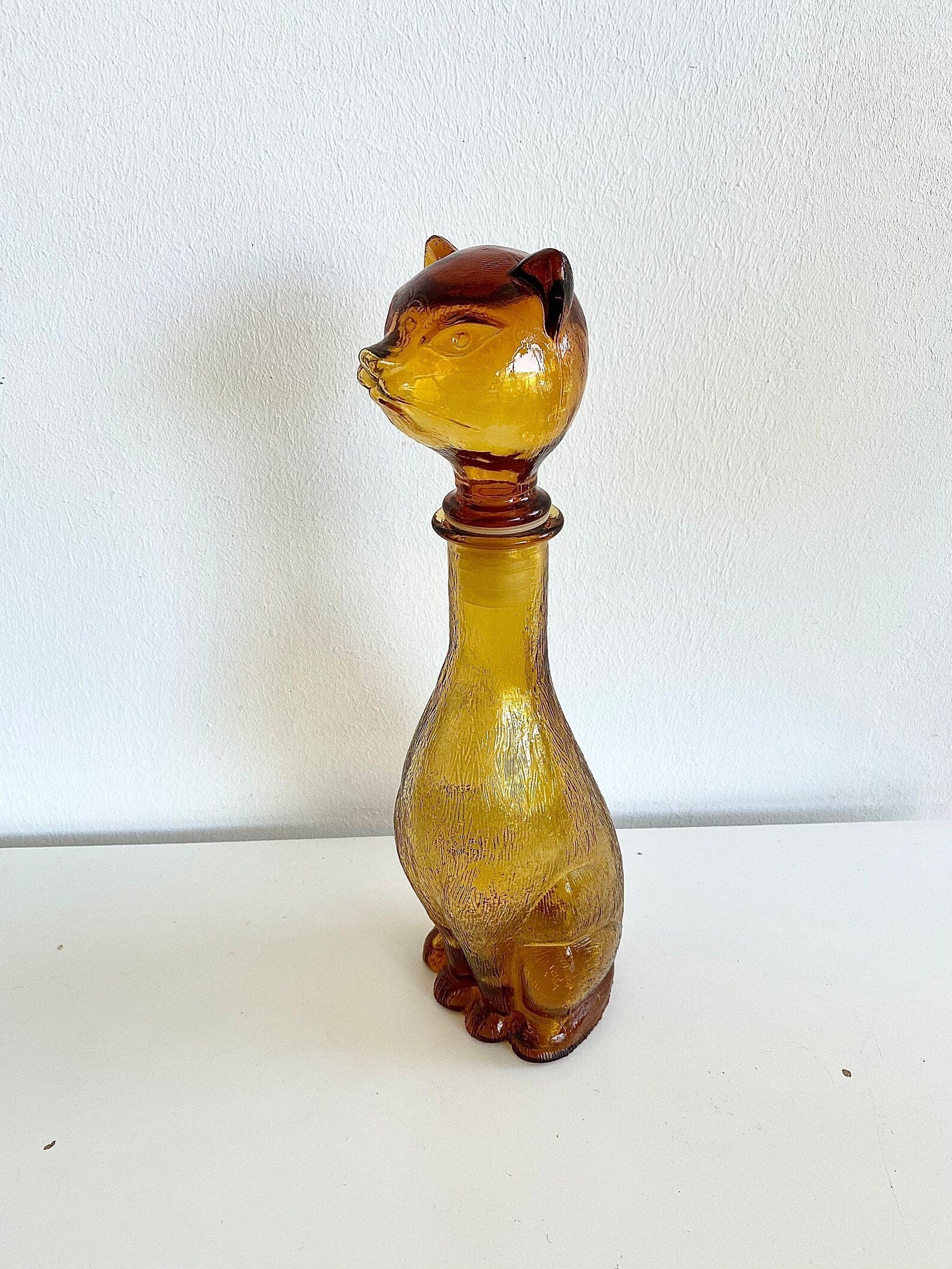 Rare Vintage Mini Cat 9 inch tall Empoli decanter amber color - Vintage art deco,Vintage empoli Made in Italy since 1960s