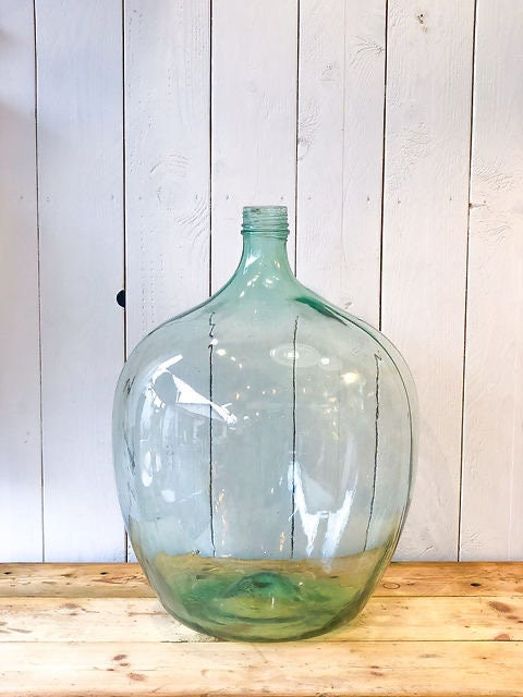 Antique French Green Demijohn Carboy Large Wine Bottle Dame Jeanne transparent 15L 1950s - antique vase collection