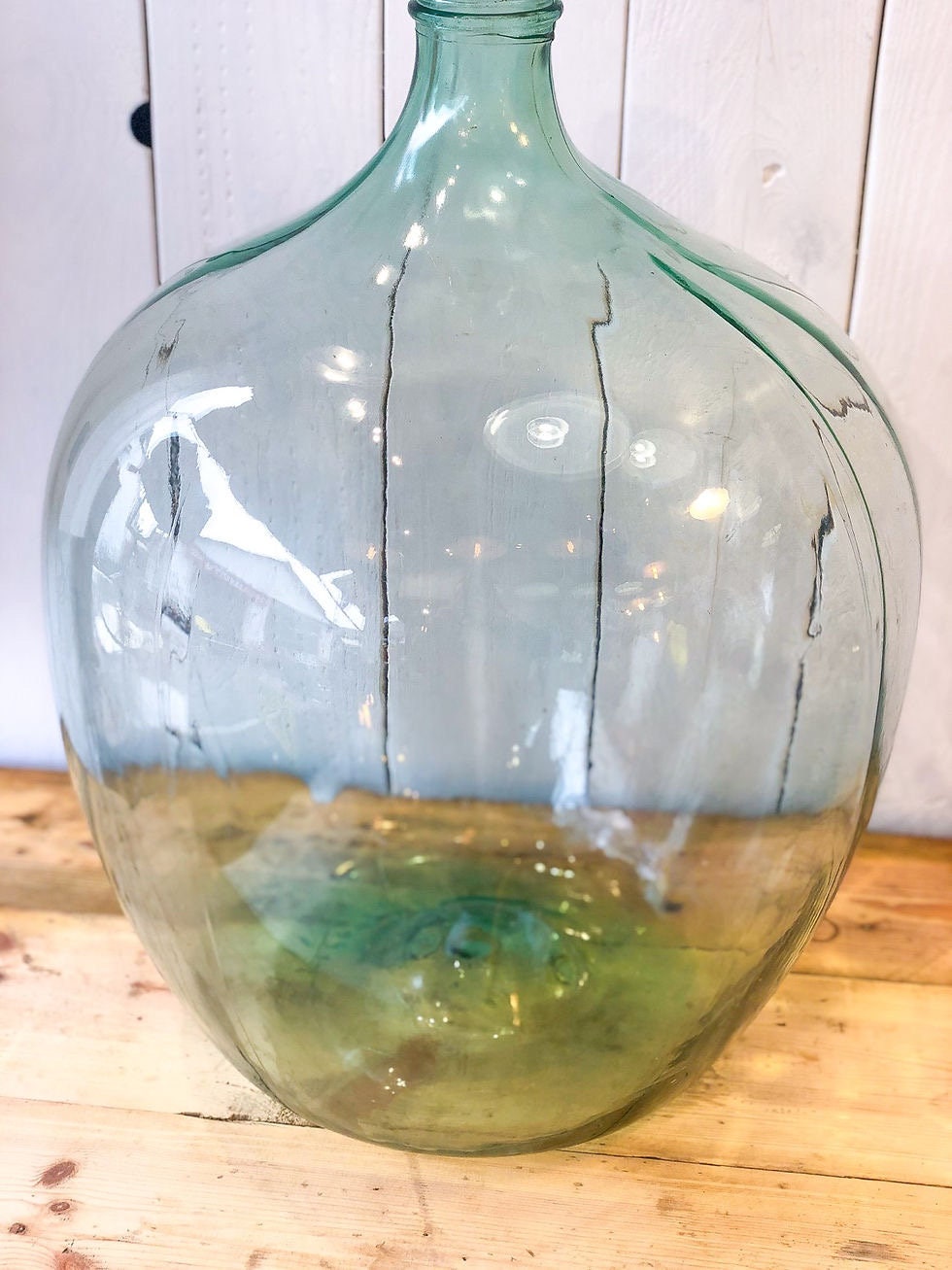 Antique French Green Demijohn Carboy Large Wine Bottle Dame Jeanne transparent 15L 1950s - antique vase collection