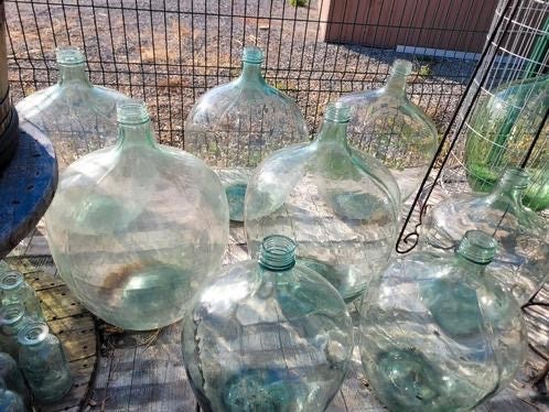 Antique French Green Demijohn Carboy Large Wine Bottle Dame Jeanne transparent 15L 1950s - antique vase collection