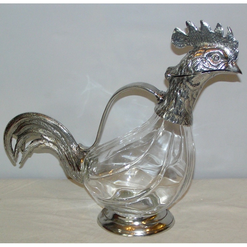 Vintage cristal and silver metal rooster wine decanter, Vintage art deco,Vintage French table silverware brand since 1950